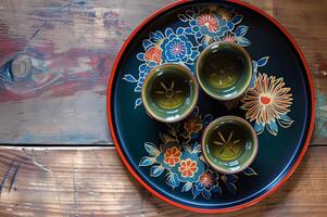 ai generado motivo serenidad estampado folklórico bandeja con elegante tazas foto