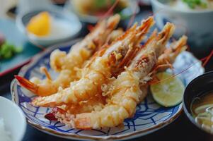 AI generated Crispy Perfection Tempura Shrimp on Folk-Patterned Platter photo