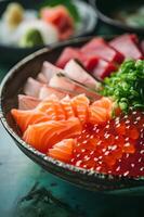 AI generated Japanese Culinary Artistry Folk Background with Sashimi Spotlight photo