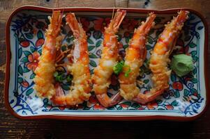 AI generated Crispy Perfection Tempura Shrimp on Folk-Patterned Platter photo