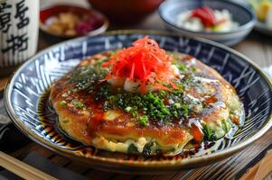 AI generated Okonomiyaki Extravaganza Japanese Pancake on Folk Cloth photo