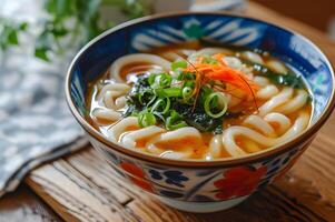 AI generated Folk Fusion Udon Noodle Soup in Stylish Background photo