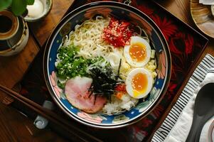 ai generado gente fusión udon fideos sopa en elegante antecedentes foto