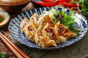 AI generated Folk Fusion Delight Gyoza Dumplings on Stylish Plate photo