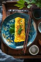AI generated Folk Flair Tamagoyaki Japanese Omelette on Patterned Plate photo