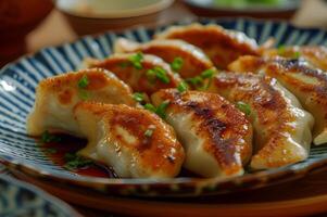 AI generated Folk Fusion Delight Gyoza Dumplings on Stylish Plate photo