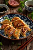 AI generated Folk Fusion Delight Gyoza Dumplings on Stylish Plate photo