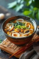 AI generated Folk Fusion Udon Noodle Soup in Stylish Background photo