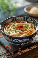 AI generated Folk Fusion Udon Noodle Soup in Stylish Background photo