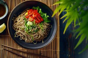 AI generated Folk Fusion Feast Soba Noodle Salad on Stylish Background photo