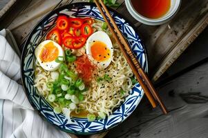 AI generated Folk Fusion Udon Noodle Soup in Stylish Background photo