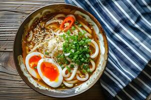 AI generated Folk Fusion Udon Noodle Soup in Stylish Background photo