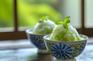 ai generado gente fusión refresco kakigori con matcha jarabe foto