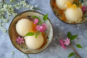 AI generated Folk Fusion Chill Yuzu Citrus Sorbet in Stylish Bowls photo