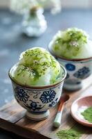 AI generated Folk Fusion Refreshment Kakigori with Matcha Syrup photo