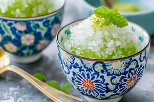 ai generado gente fusión refresco kakigori con matcha jarabe foto