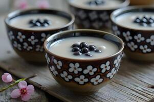 ai generado gente fusión postre soja Leche pudín con azuki frijoles foto