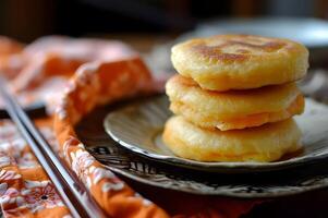 ai generado granjero fusión manzana y dulce patata dorayaki en gente paño foto