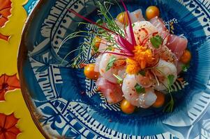 AI generated Nikkei Culinary Symphony Ceviche with Fresh Sashimi on Folk Plate photo