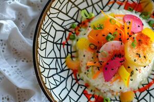 ai generado nikkei caleidoscopio negrita colores en un culinario fusión banquete foto