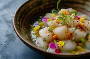 ai generado gastronómico tapiz ceviche con negrita colores y Rico patrimonio foto