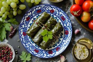 AI generated Meze Masterpiece Stuffed Grape Leaves on Folk-Patterned Plate photo