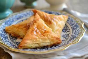 AI generated Culinary Elegance Greek Flavors in Artichoke Feta Phyllo Triangles Meze photo