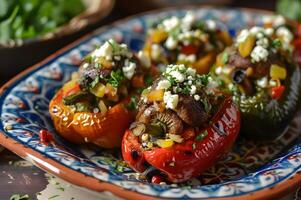 AI generated Meze Delight Mushroom and Feta Stuffed Mini Peppers on Folk-Styled Plate photo