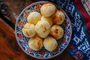 AI generated Brazilian Cheese Bread Artistry in Folk-Styled Presentation photo