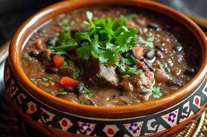 AI generated Authentic Brazilian Feijoada Photo in Folk-Patterned Bowl