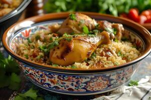 ai generado brasileño comodidad pollo y arroz arroz com frango en estampado folklórico cuenco foto