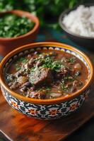 AI generated Authentic Brazilian Feijoada Photo in Folk-Patterned Bowl