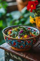 AI generated Authentic Brazilian Flavor Salada de Palmito in Folk Bowl photo