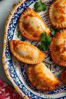 AI generated Authentic Brazilian Flavors Mini Meat Pies on Folk-Patterned Tray photo