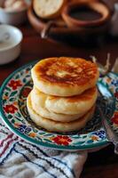 AI generated Delightful Tapioca Pancakes on Folk-Patterned Plate A Brazilian Treat photo