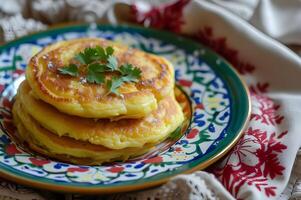 AI generated Delightful Tapioca Pancakes on Folk-Patterned Plate A Brazilian Treat photo