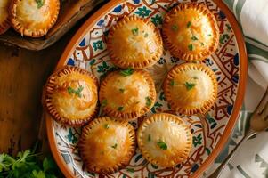 AI generated Authentic Brazilian Flavors Mini Meat Pies on Folk-Patterned Tray photo