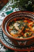 AI generated Brazilian Seafood Delight Fish Stew Caldeirada in Folk-Patterned Bowl photo