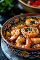 AI generated Delectable Brazilian Shrimp Bobo Served in Folk-Patterned Bowl photo