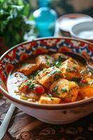 AI generated Brazilian Seafood Delight Fish Stew Caldeirada in Folk-Patterned Bowl photo