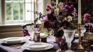 AI generated Dinner table setting in the warm glow of candlelight, tablescape featuring floral centerpiece, elegant burgundy glassware, and luxurious gold cutlery photo