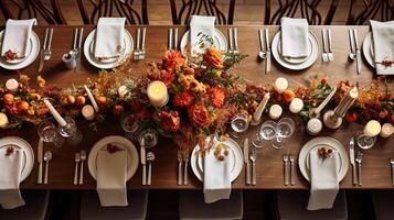 AI generated Autumn holiday tablescape, formal dinner table setting, table scape with elegant autumnal floral decor for wedding party and event decoration photo