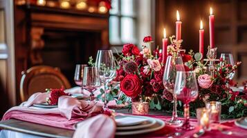 AI generated Valentines day tablescape and table decor, romantic table setting with flowers, formal dinner and date, beautiful cutlery and tableware photo