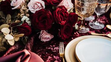 AI generated Wedding and event celebration tablescape with flowers, formal dinner table setting with roses and wine, elegant floral table decor for dinner party and holiday decoration, home styling photo