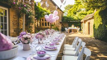 AI generated Birthday tablescape or candy bar with sweets, Birthday cake and cupcakes, beautiful party celebration photo