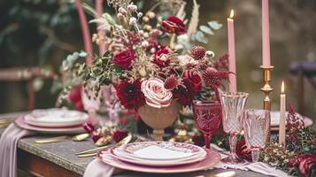 AI generated Valentines day tablescape and table decor, romantic table setting with flowers, formal dinner and date, beautiful cutlery and tableware photo