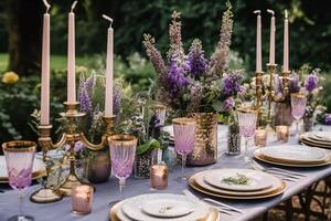 ai generado Boda paisaje de mesa, elegante formal cena mesa configuración, mesa bohordo con lavanda decoración para fiesta fiesta evento celebracion, generativo ai foto