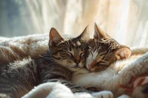 ai generado dos gatos acurrucarse juntos. dos adorable gatitos dormido juntos cerca arriba. generativo ai foto