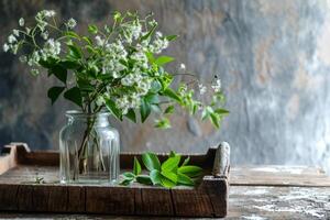 AI generated Home interior spring decor. Wooden tray, vase with fresh flowers and greenery. Generative AI photo