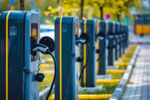AI generated Modern fast chargers for charging electric vehicles at the parking. Generative AI photo